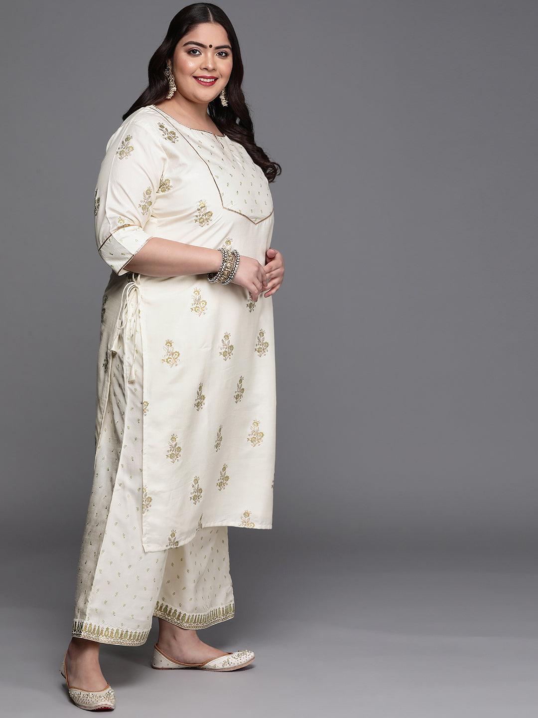 Plus Size Cream Yoke Design Silk Blend Suit Set - ShopLibas 
