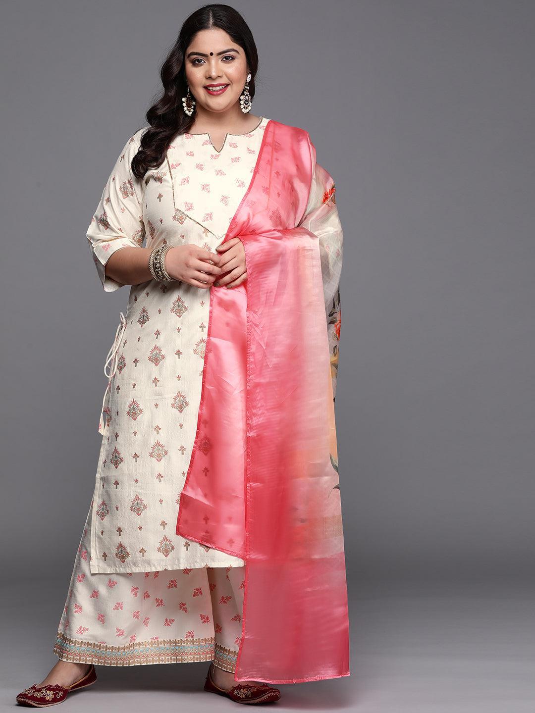 Plus Size Cream Yoke Design Silk Blend Suit Set - ShopLibas 