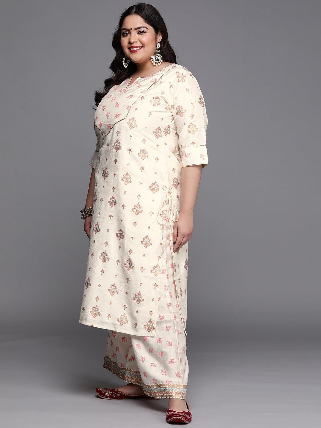 Plus Size Cream Yoke Design Silk Blend Suit Set - ShopLibas 