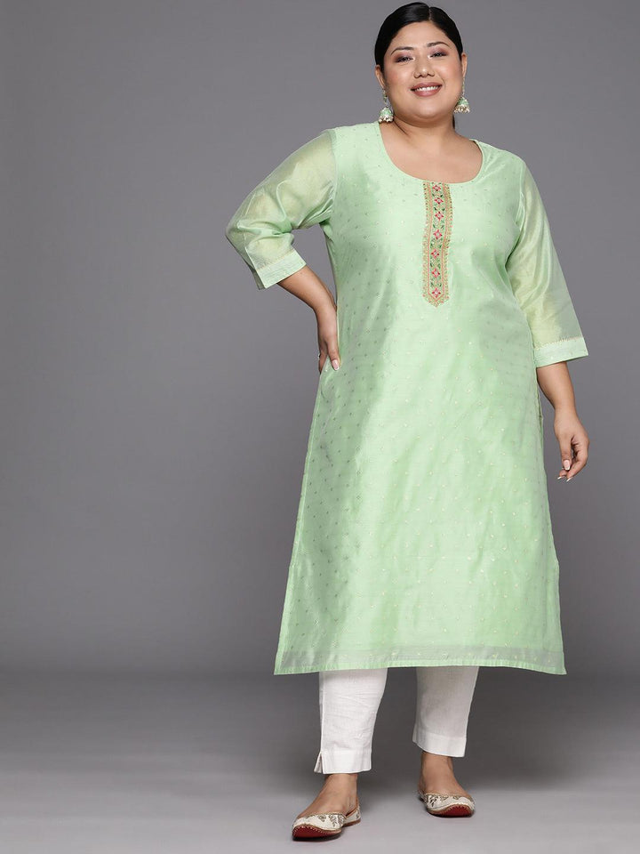 Plus Size Green Embroidered Chanderi Silk Straight Kurta