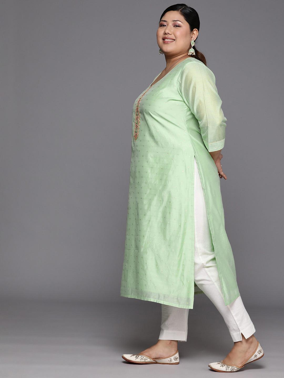 Plus Size Green Embroidered Chanderi Silk Straight Kurta - Libas 