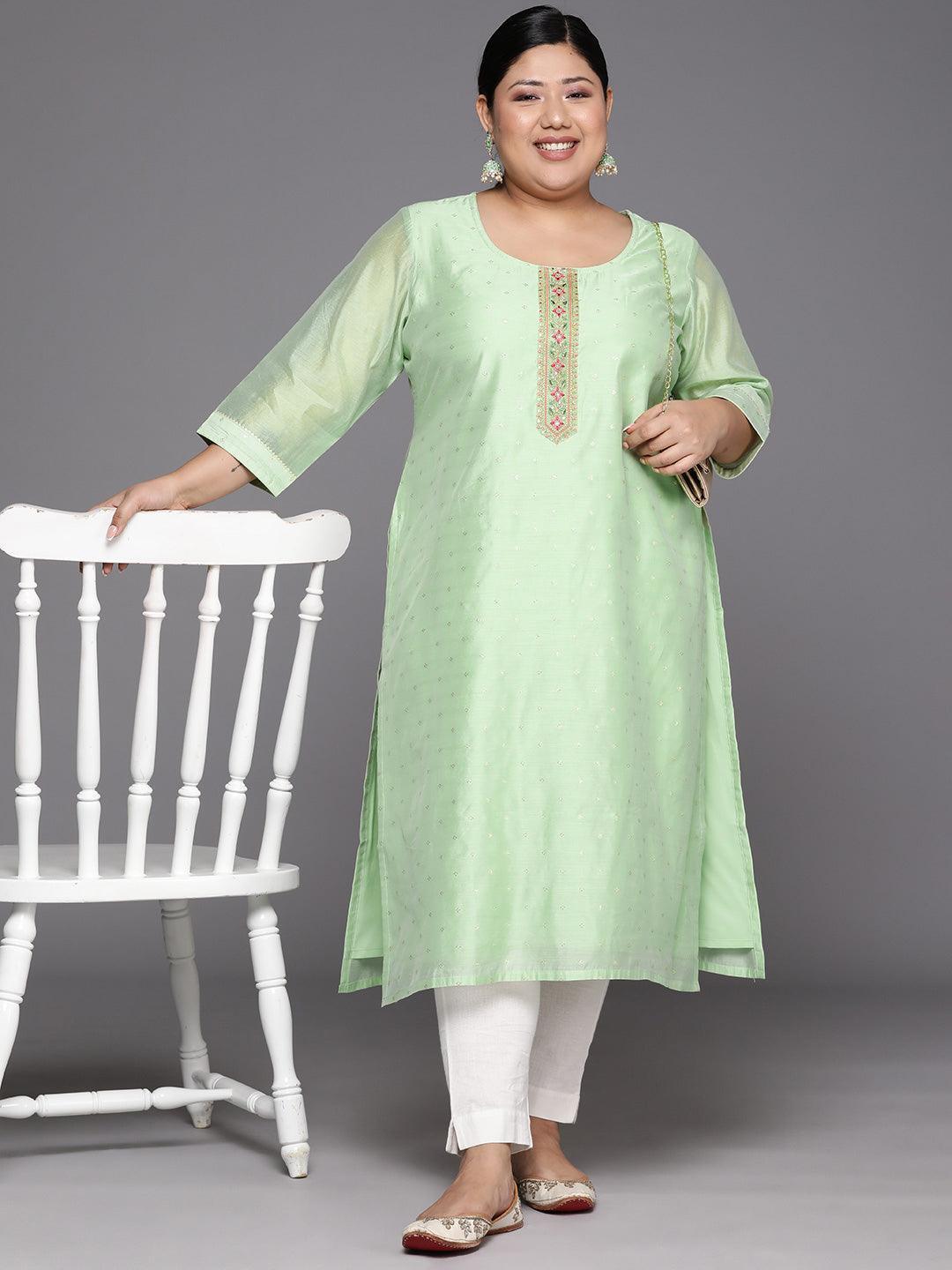 Plus Size Green Embroidered Chanderi Silk Straight Kurta - Libas 