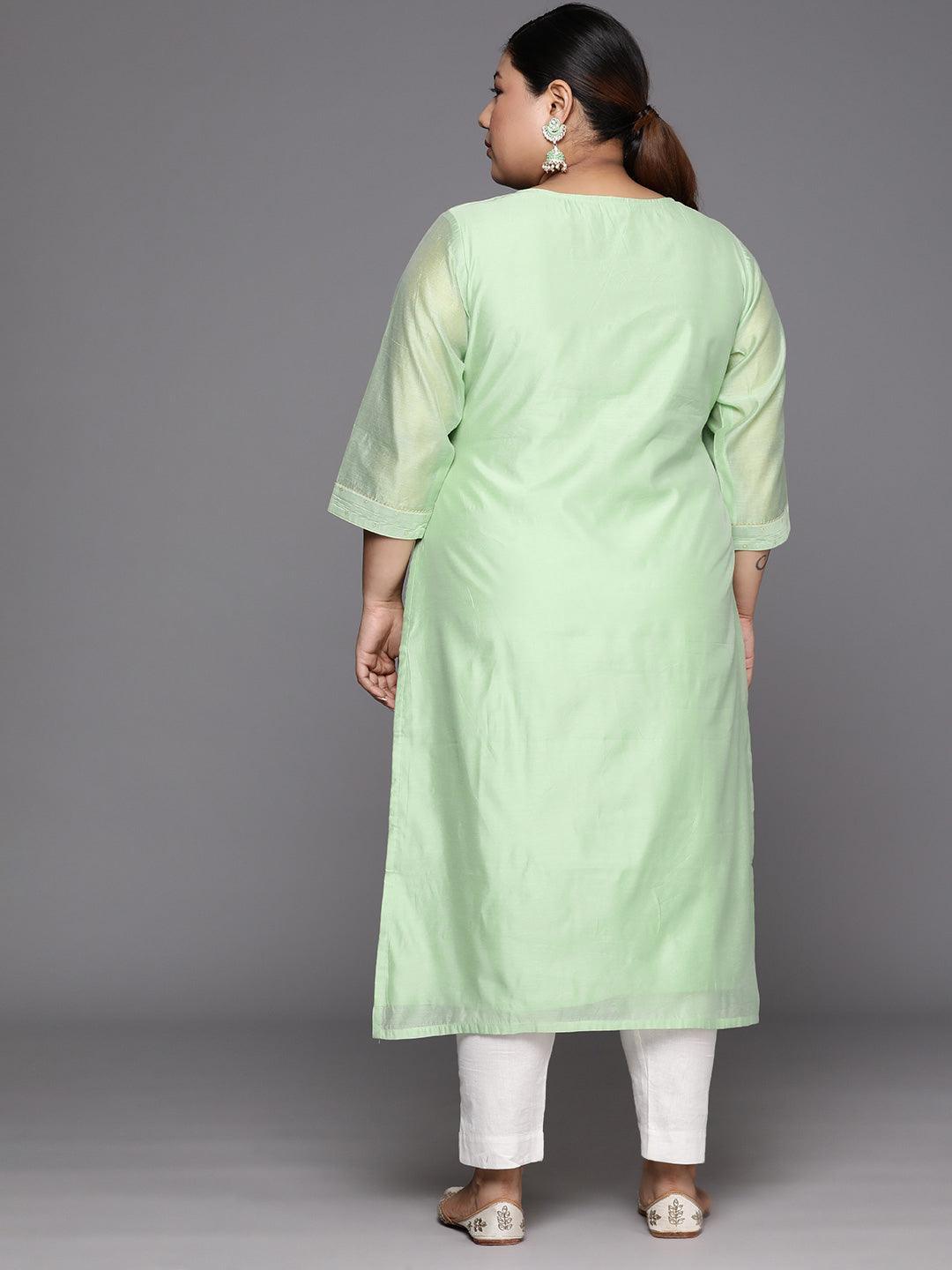 Plus Size Green Embroidered Chanderi Silk Straight Kurta - Libas 