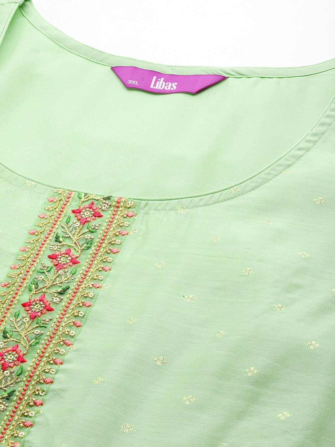 Plus Size Green Embroidered Chanderi Silk Straight Kurta - Libas 