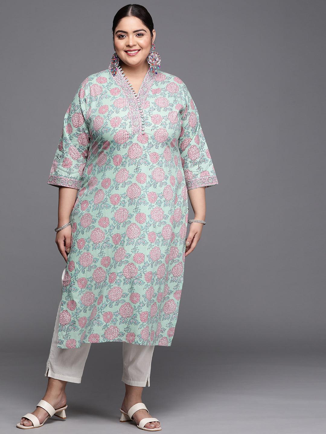 Plus Size Green Printed Cotton Kurta - ShopLibas