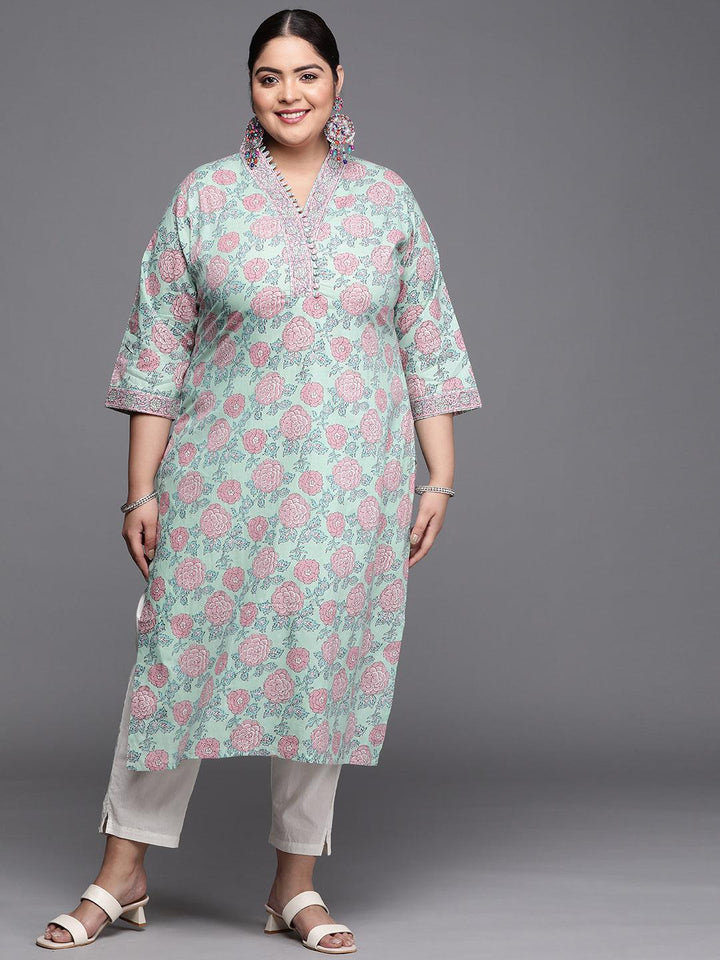 Plus Size Green Printed Cotton Kurta - ShopLibas