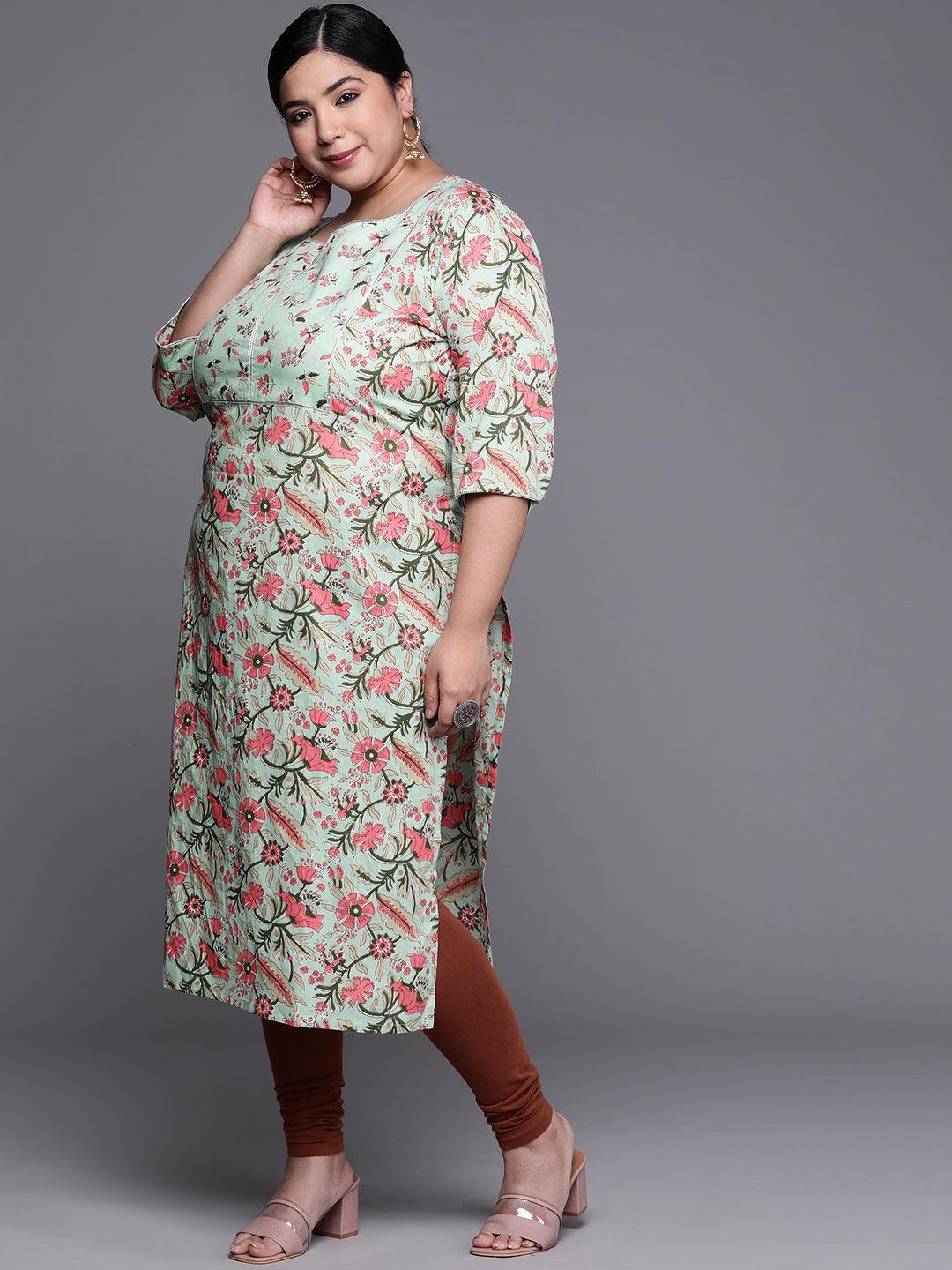 Plus Size Green Printed Cotton Kurta - ShopLibas 
