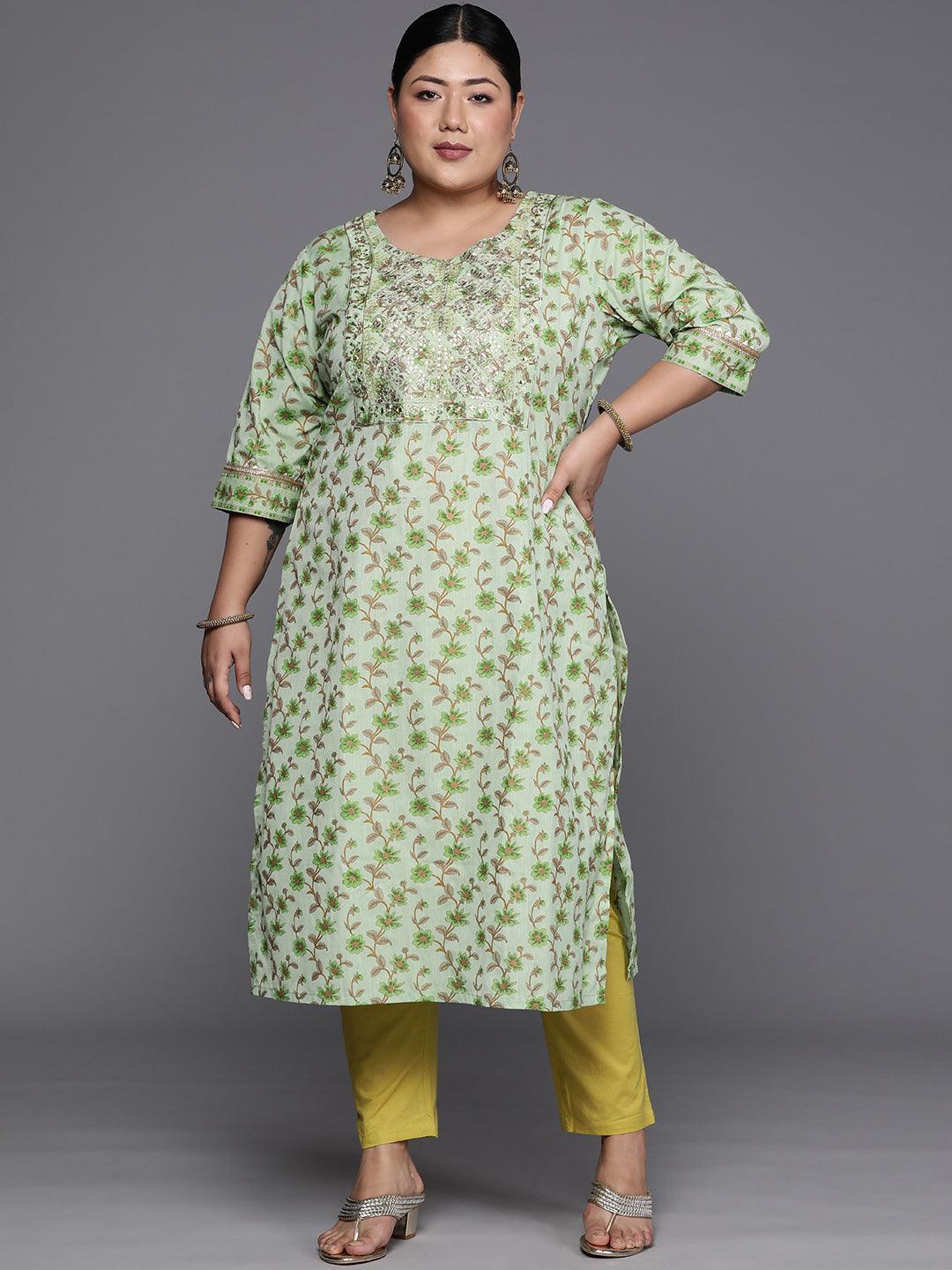 Plus Size Green Printed Cotton Silk Straight Kurta - ShopLibas