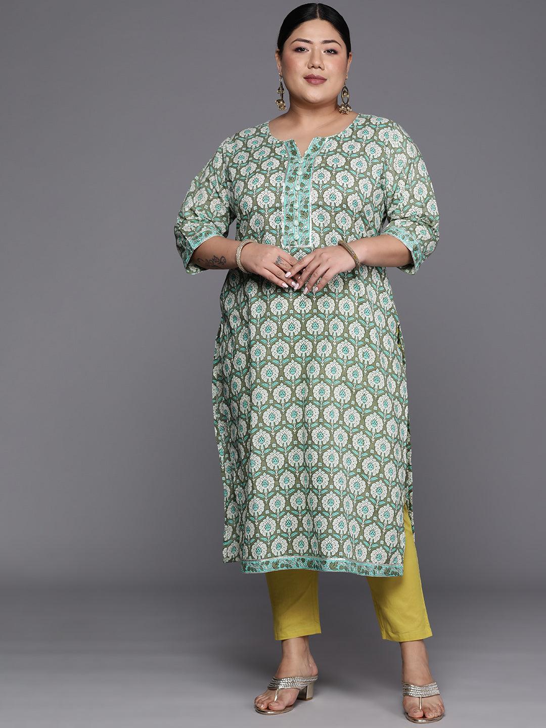 Plus Size Green Printed Cotton Straight Kurta - ShopLibas