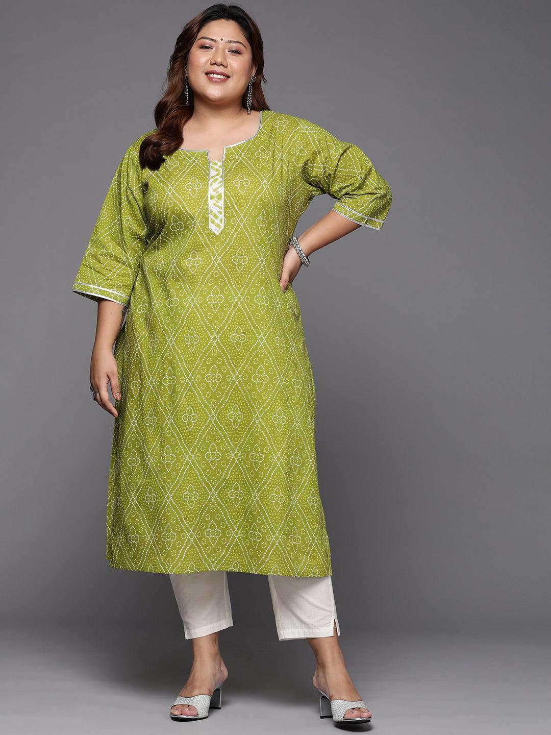 Plus Size Green Printed Cotton Straight Kurta - ShopLibas