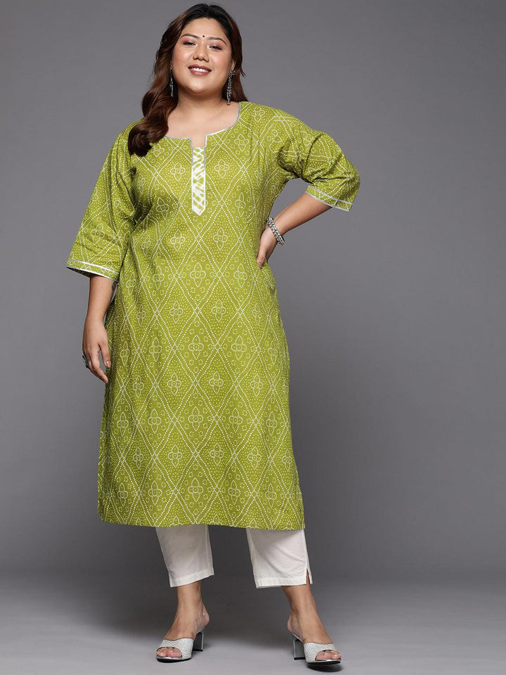 Plus Size Green Printed Cotton Straight Kurta - ShopLibas