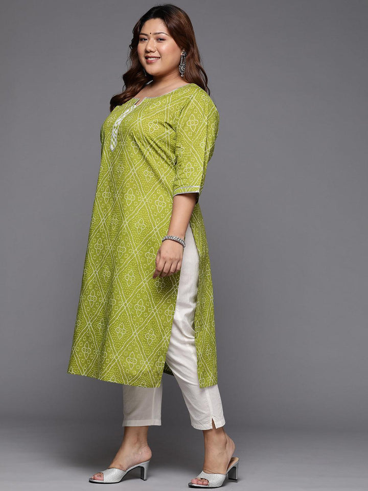 Plus Size Green Printed Cotton Straight Kurta - ShopLibas