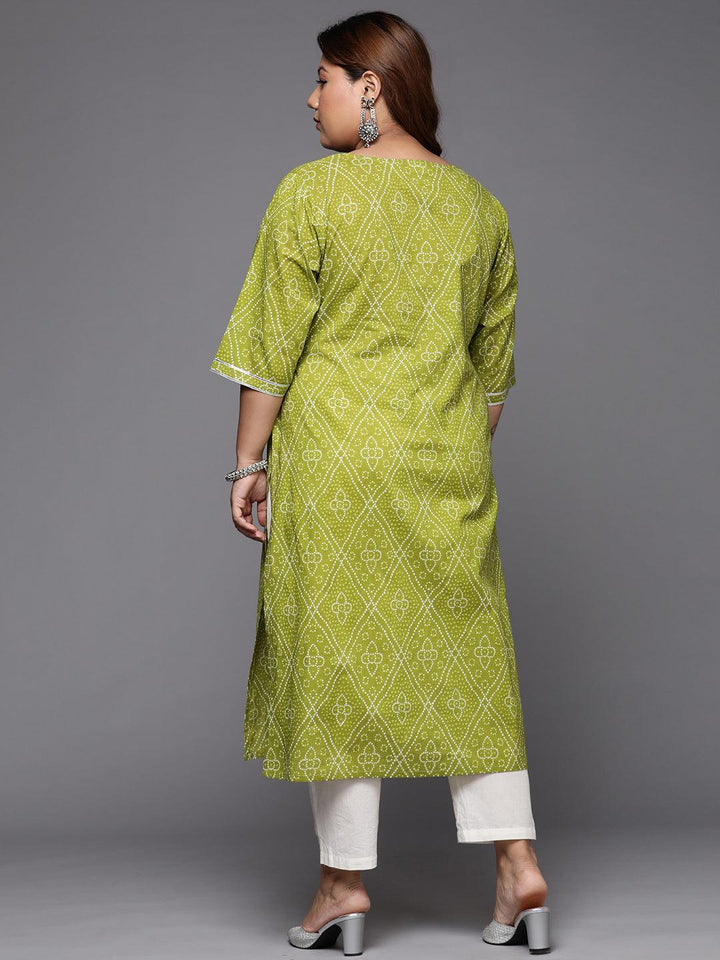 Plus Size Green Printed Cotton Straight Kurta - ShopLibas