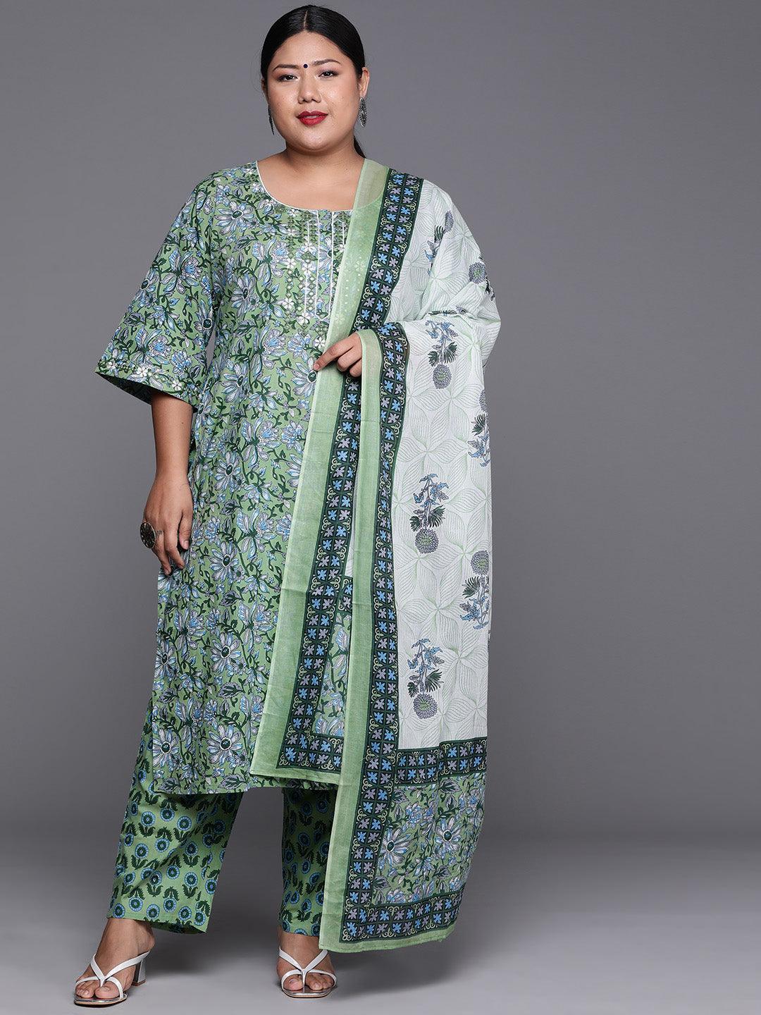 Plus Size Green Printed Cotton Suit Set - Libas