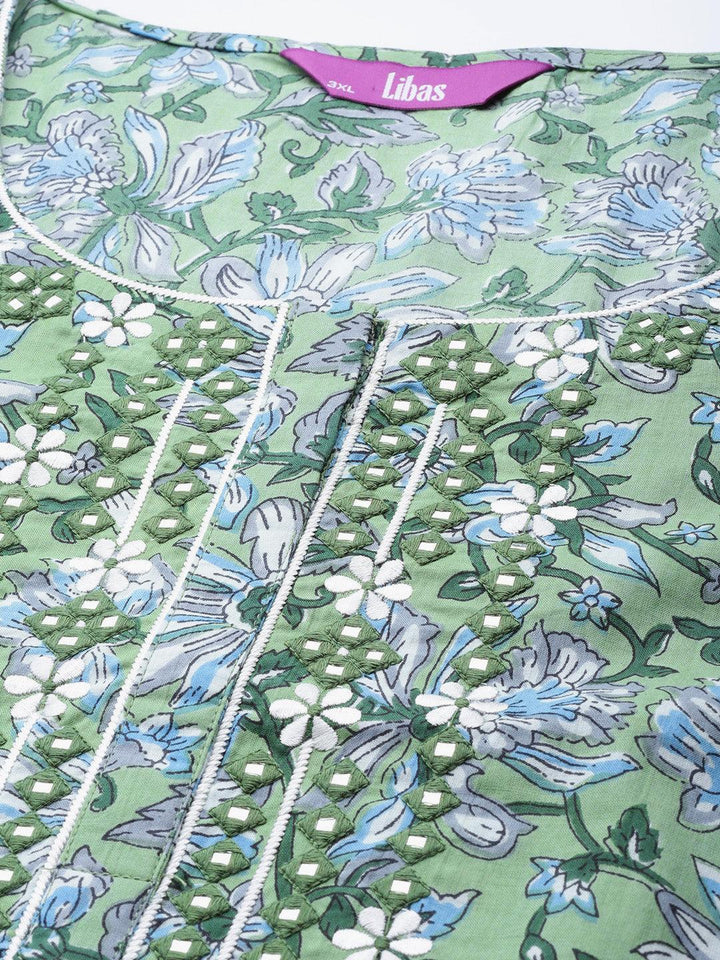 Plus Size Green Printed Cotton Suit Set - Libas