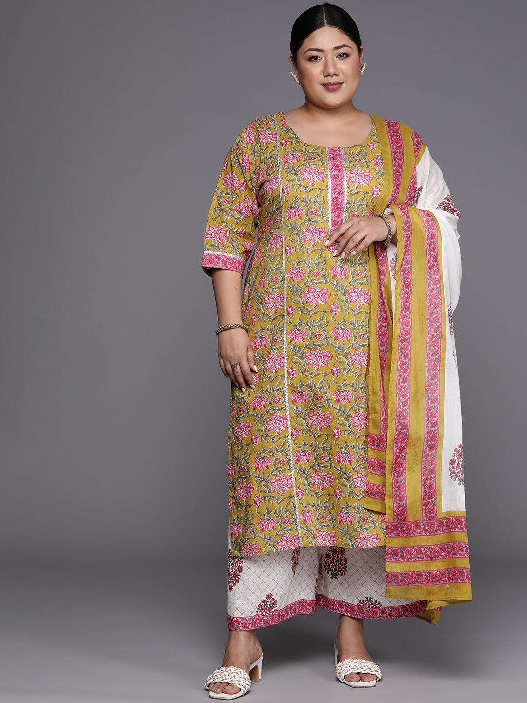 Plus Size Green Printed Cotton Straight Suit Set - ShopLibas