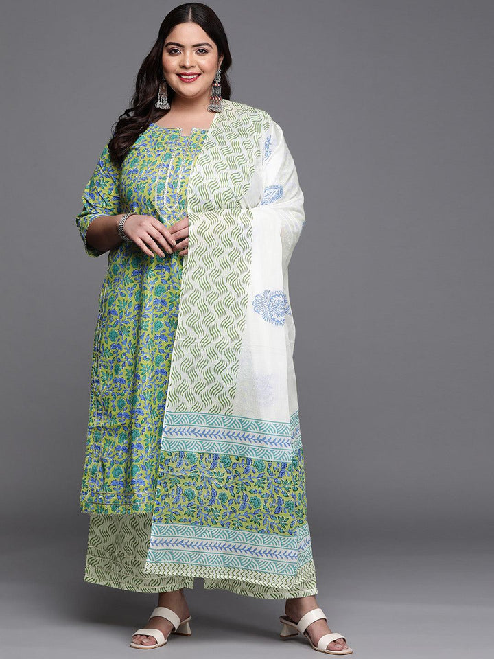 Plus Size Green Printed Cotton Suit Set - ShopLibas