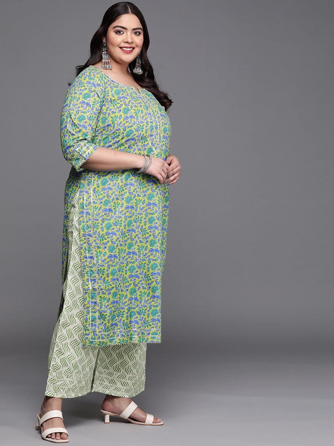 Plus Size Green Printed Cotton Suit Set - ShopLibas