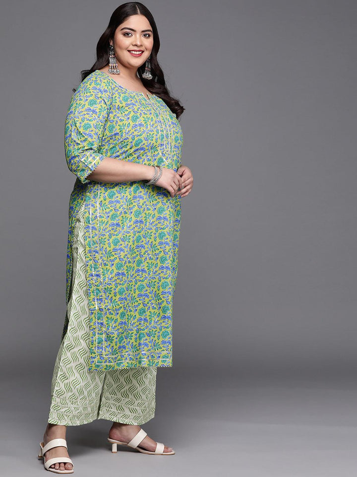 Plus Size Green Printed Cotton Suit Set - ShopLibas