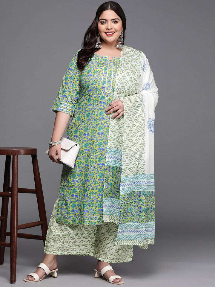 Plus Size Green Printed Cotton Suit Set - ShopLibas
