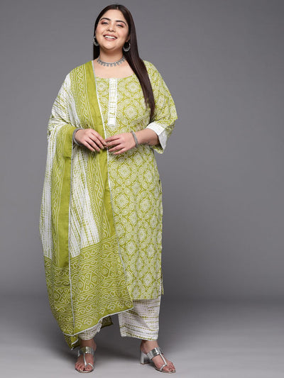 Plus Size Green Printed Cotton Suit Set With Trousers - ShopLibas