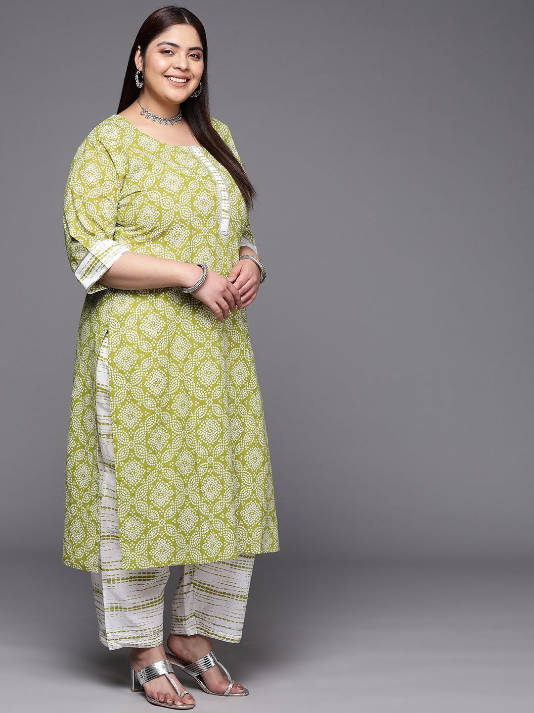 Plus Size Green Printed Cotton Suit Set With Trousers - ShopLibas 