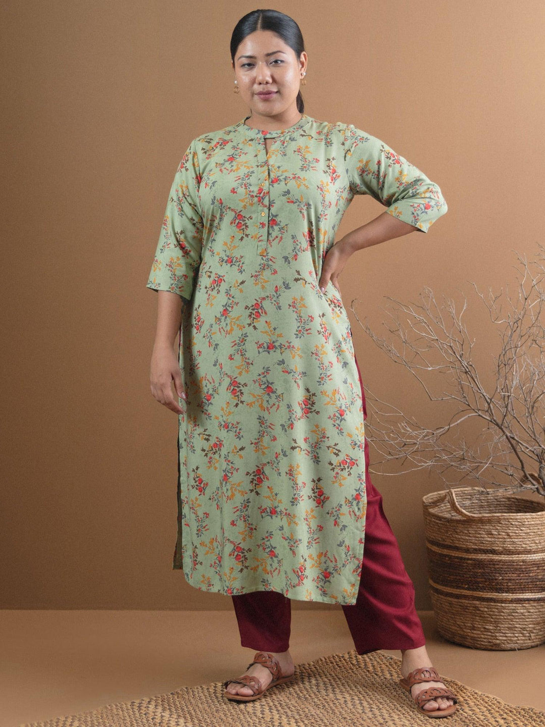 Plus Size Green Printed Rayon Straight Kurta - ShopLibas
