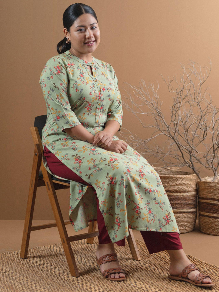 Plus Size Green Printed Rayon Straight Kurta