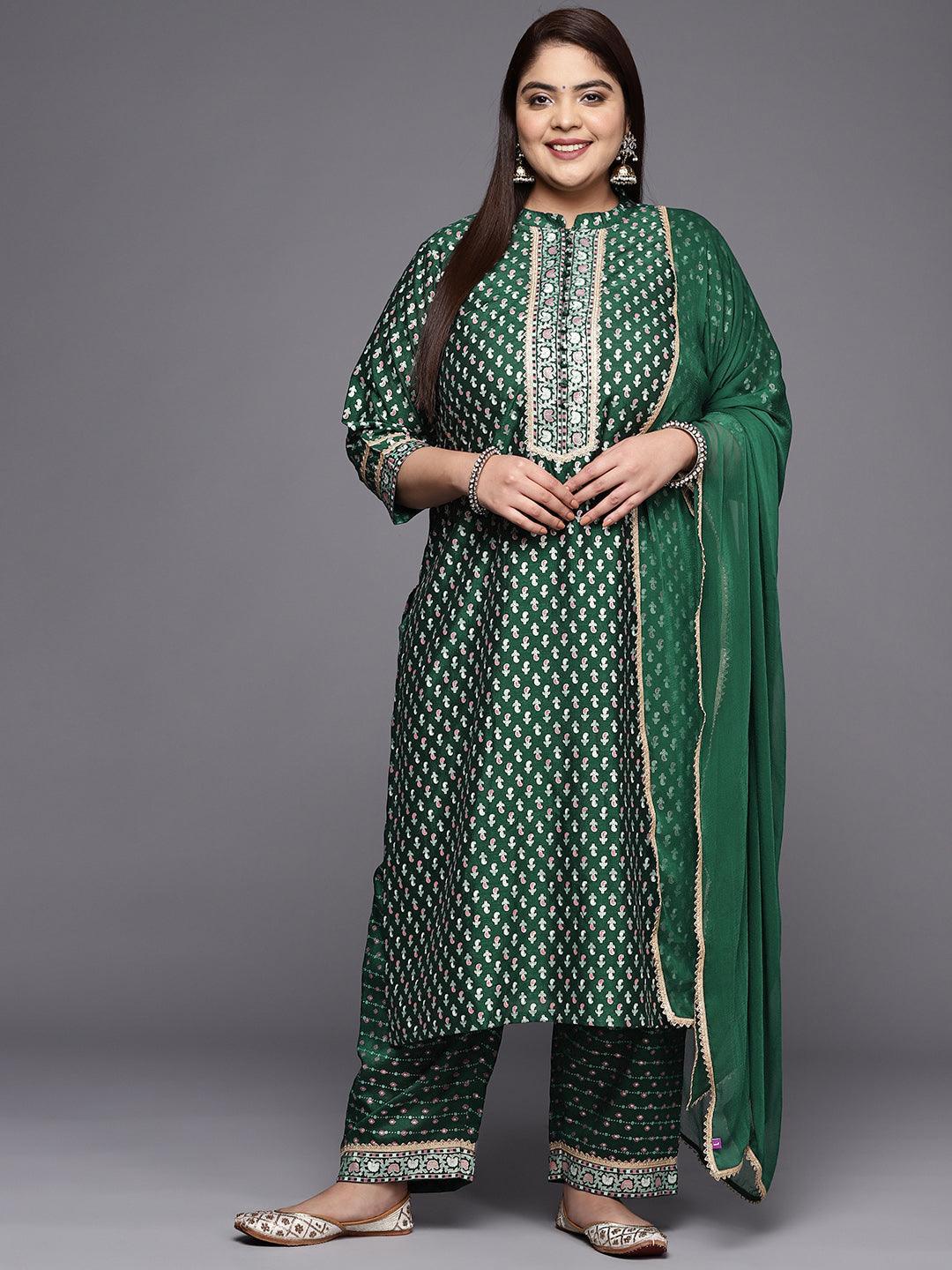 Plus Size Green Printed Silk Blend Straight Suit Set - ShopLibas 