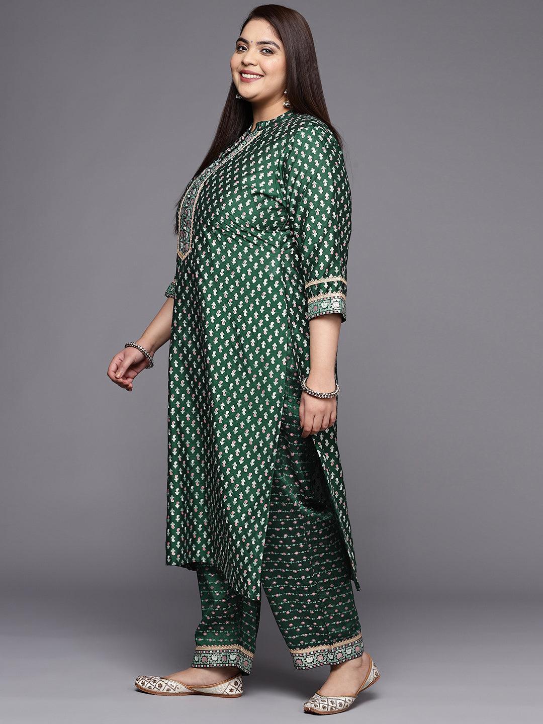 Plus Size Green Printed Silk Blend Straight Suit Set - ShopLibas 