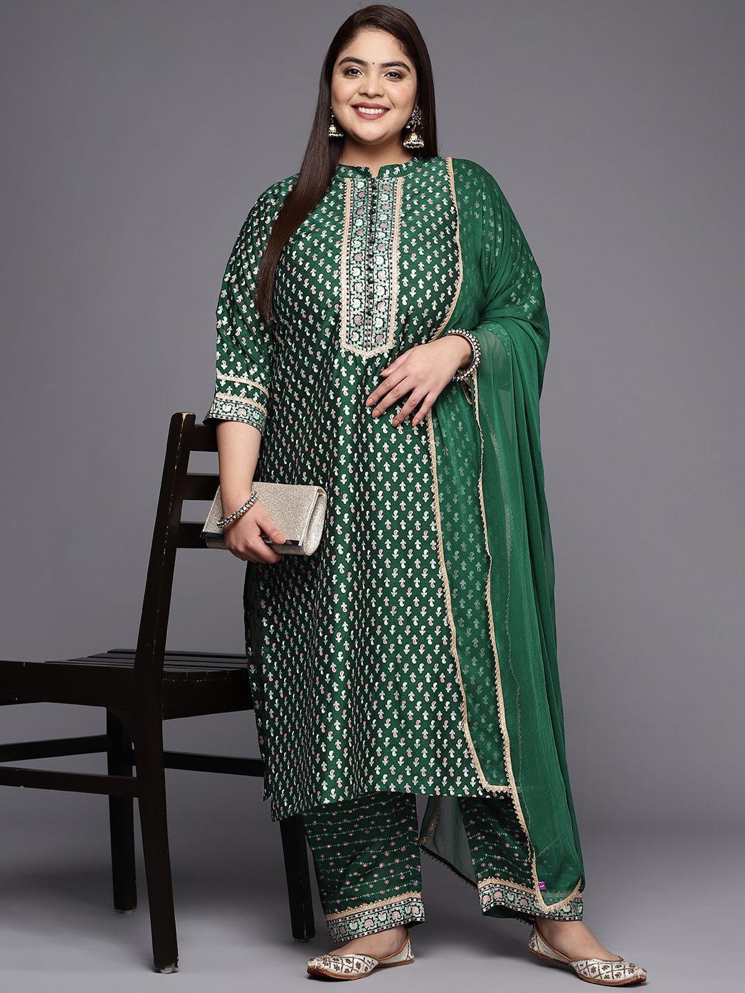 Plus Size Green Printed Silk Blend Straight Suit Set - ShopLibas 