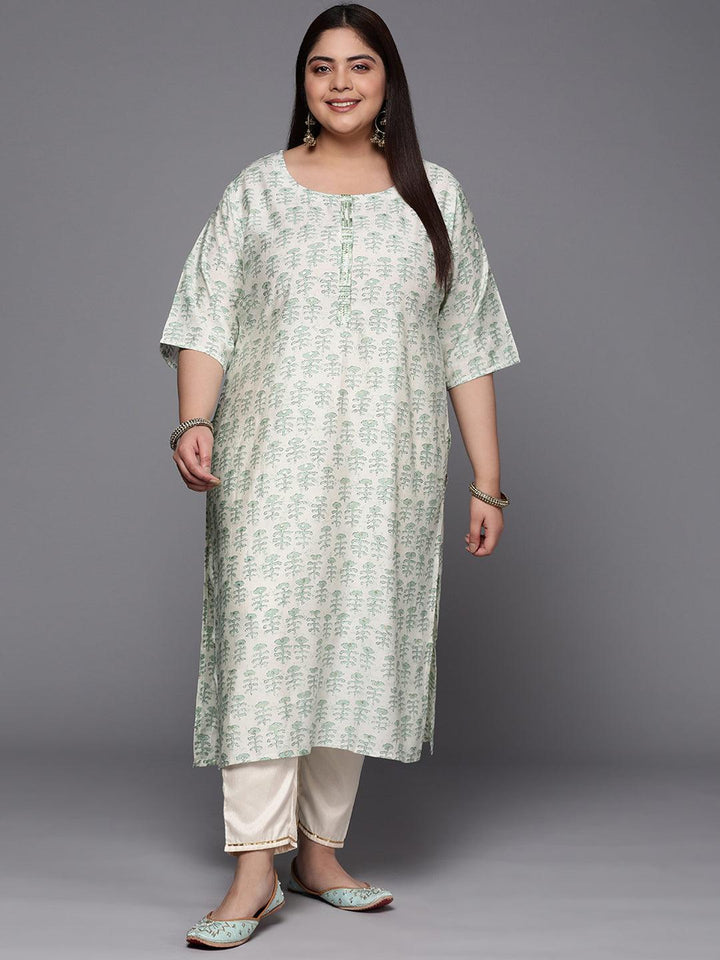 Plus Size Green Printed Silk Straight Kurta