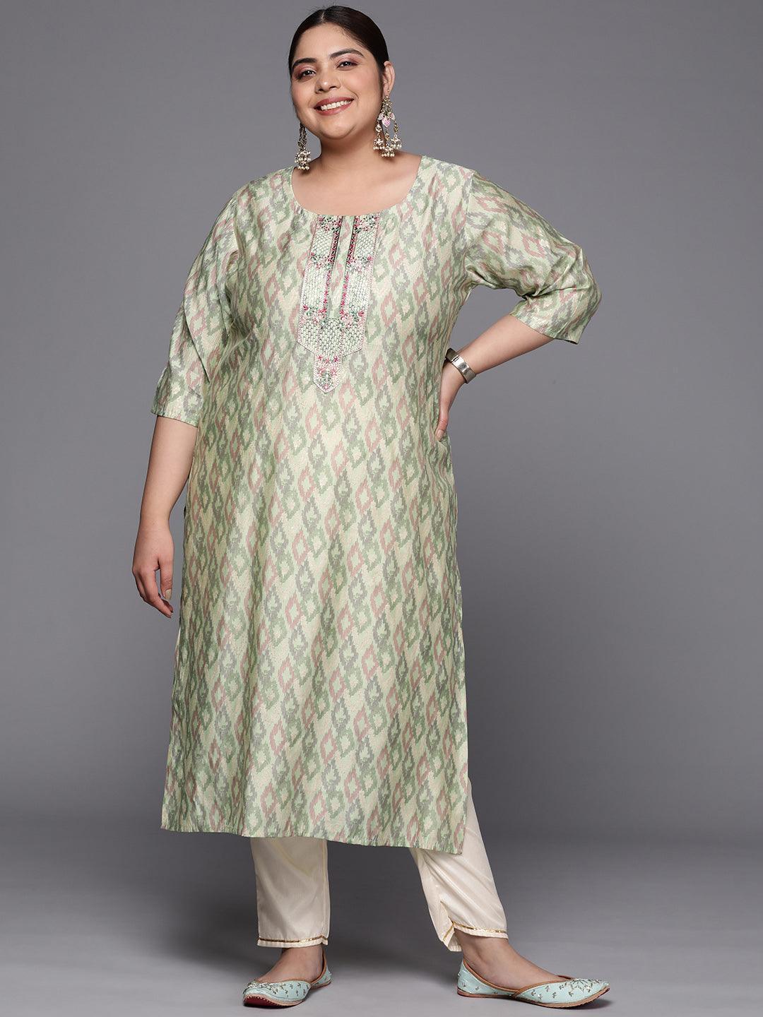 Plus Size Green Printed Silk Straight Kurta - ShopLibas