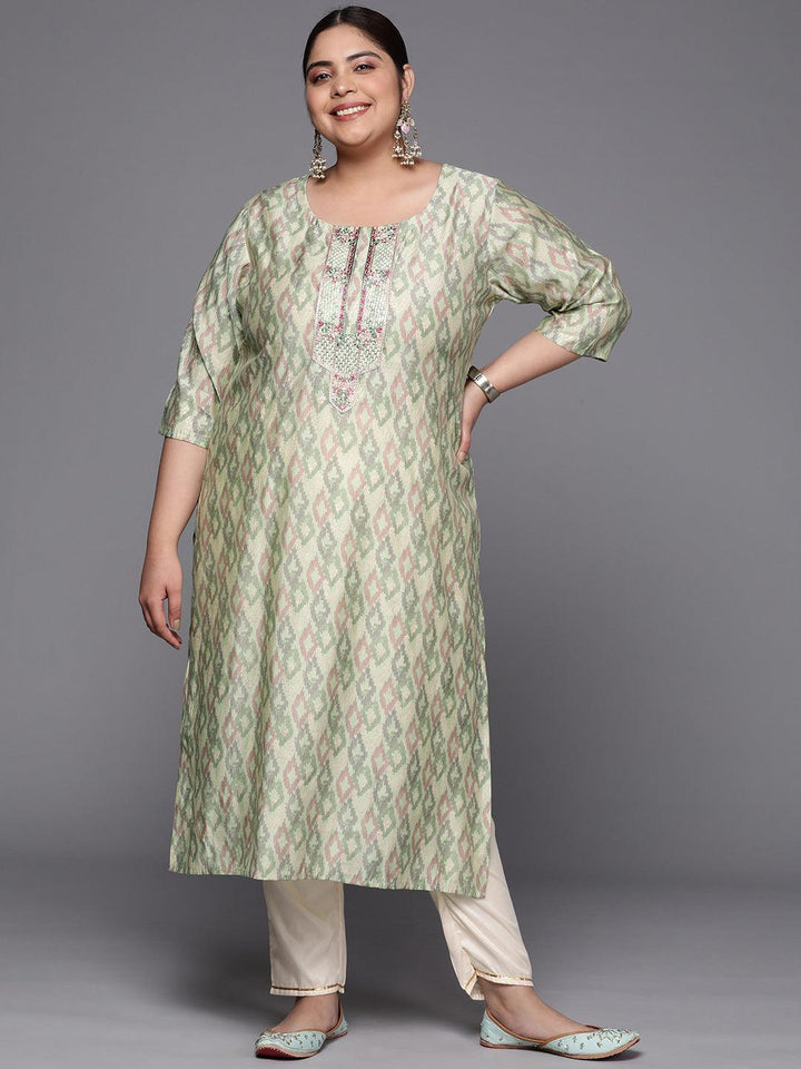 Plus Size Green Printed Silk Straight Kurta