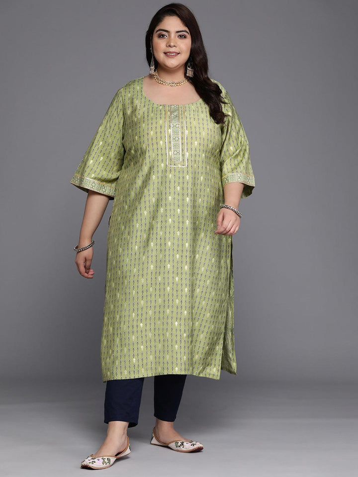 Plus Size Green Printed Silk Straight Kurta