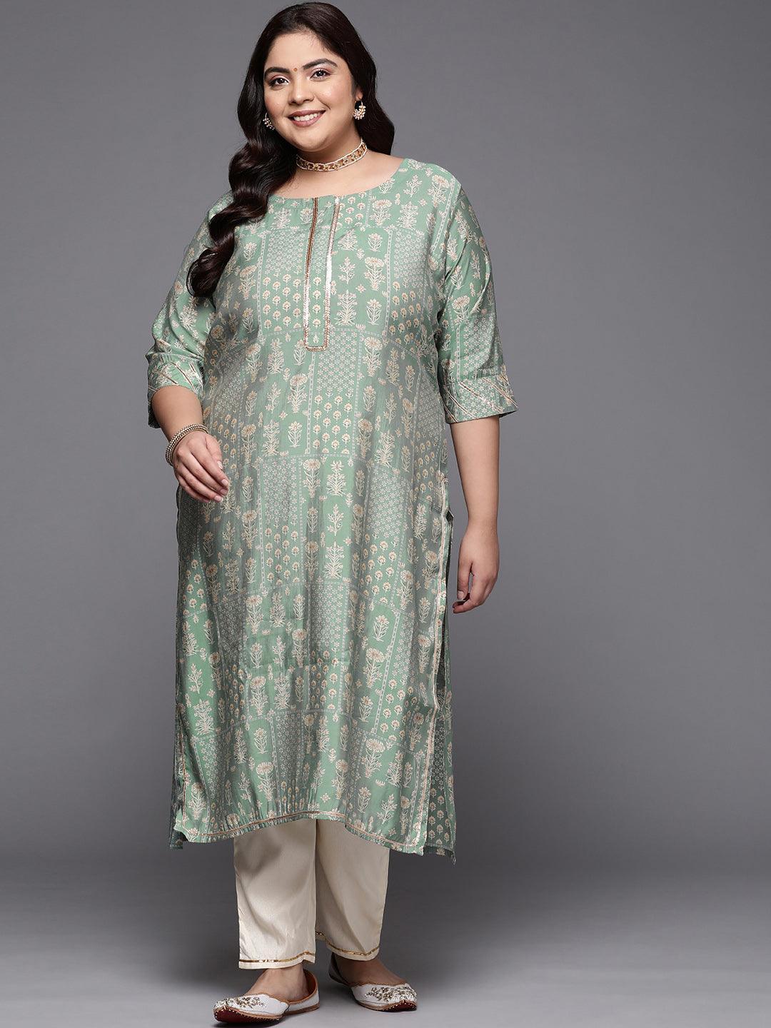 Plus Size Green Printed Silk Straight Kurta - ShopLibas