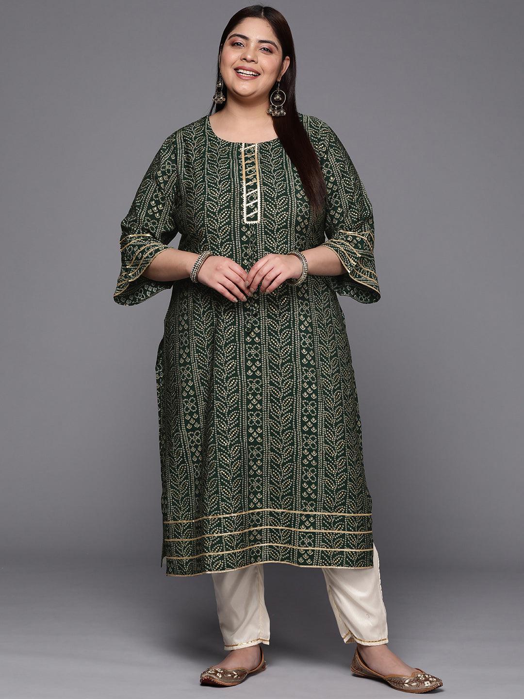 Plus Size Green Printed Silk Straight Kurta - ShopLibas