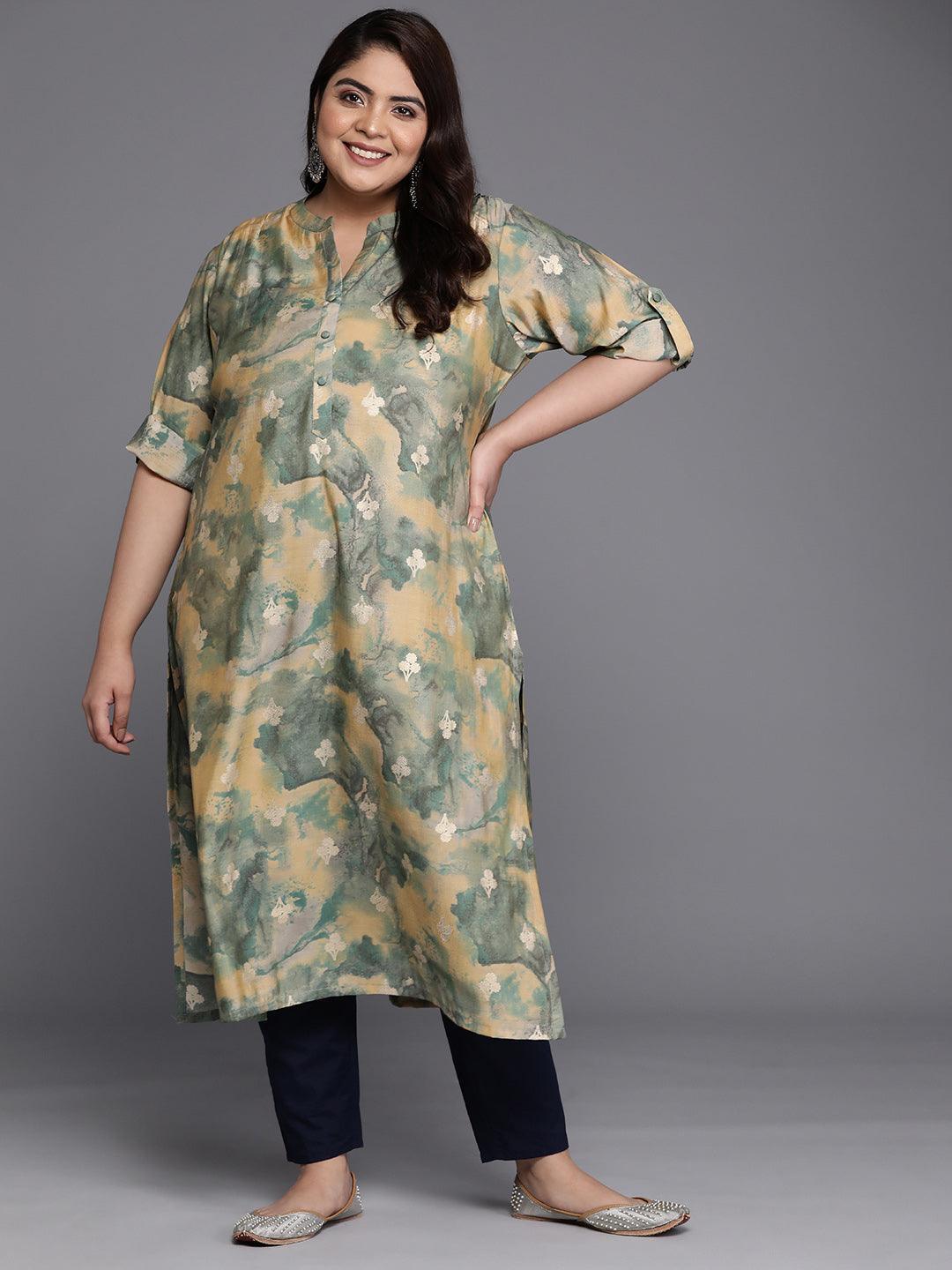 Plus Size Green Printed Silk Straight Kurta - Libas 