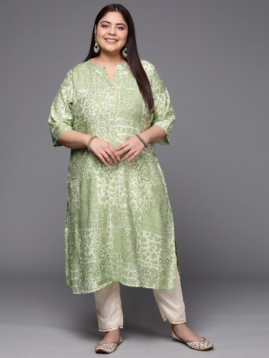 Plus Size Green Printed Silk Straight Kurta - ShopLibas