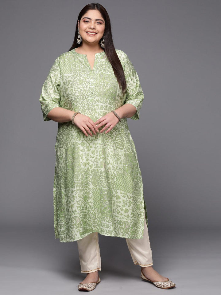Plus Size Green Printed Silk Straight Kurta
