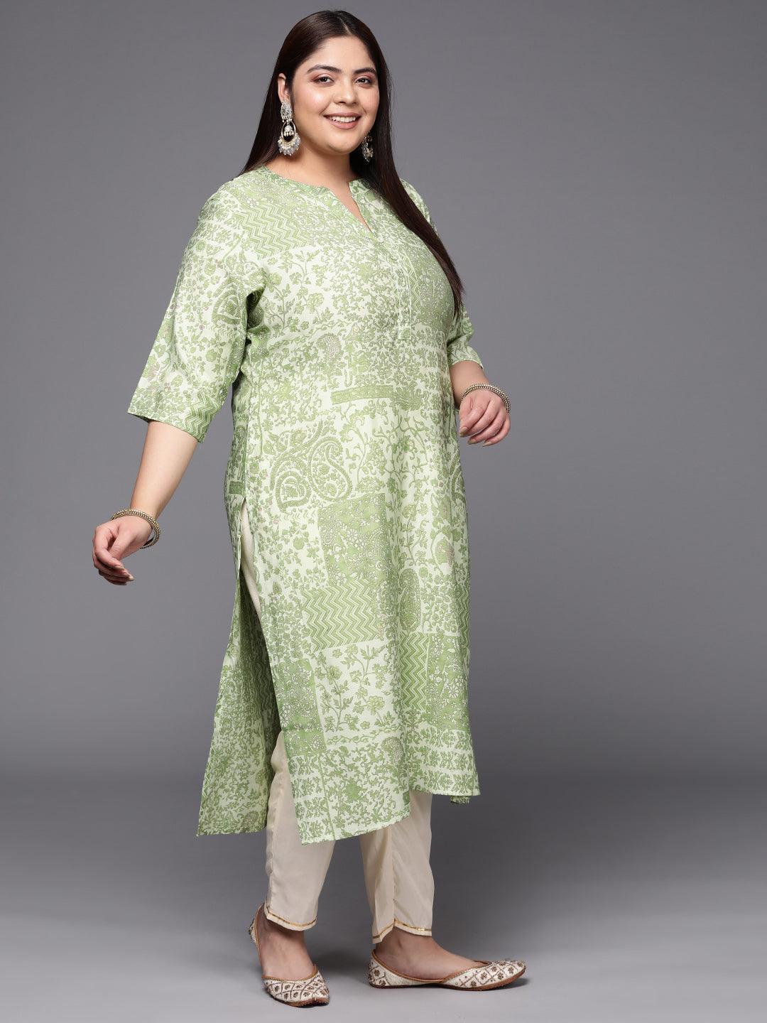 Plus Size Green Printed Silk Straight Kurta - ShopLibas 