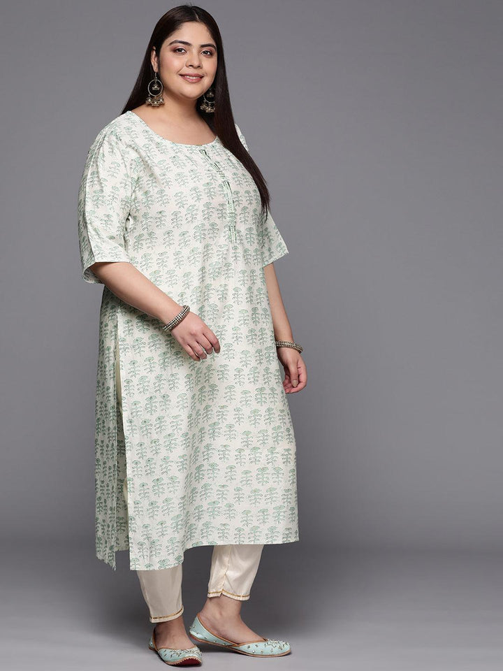 Plus Size Green Printed Silk Straight Kurta