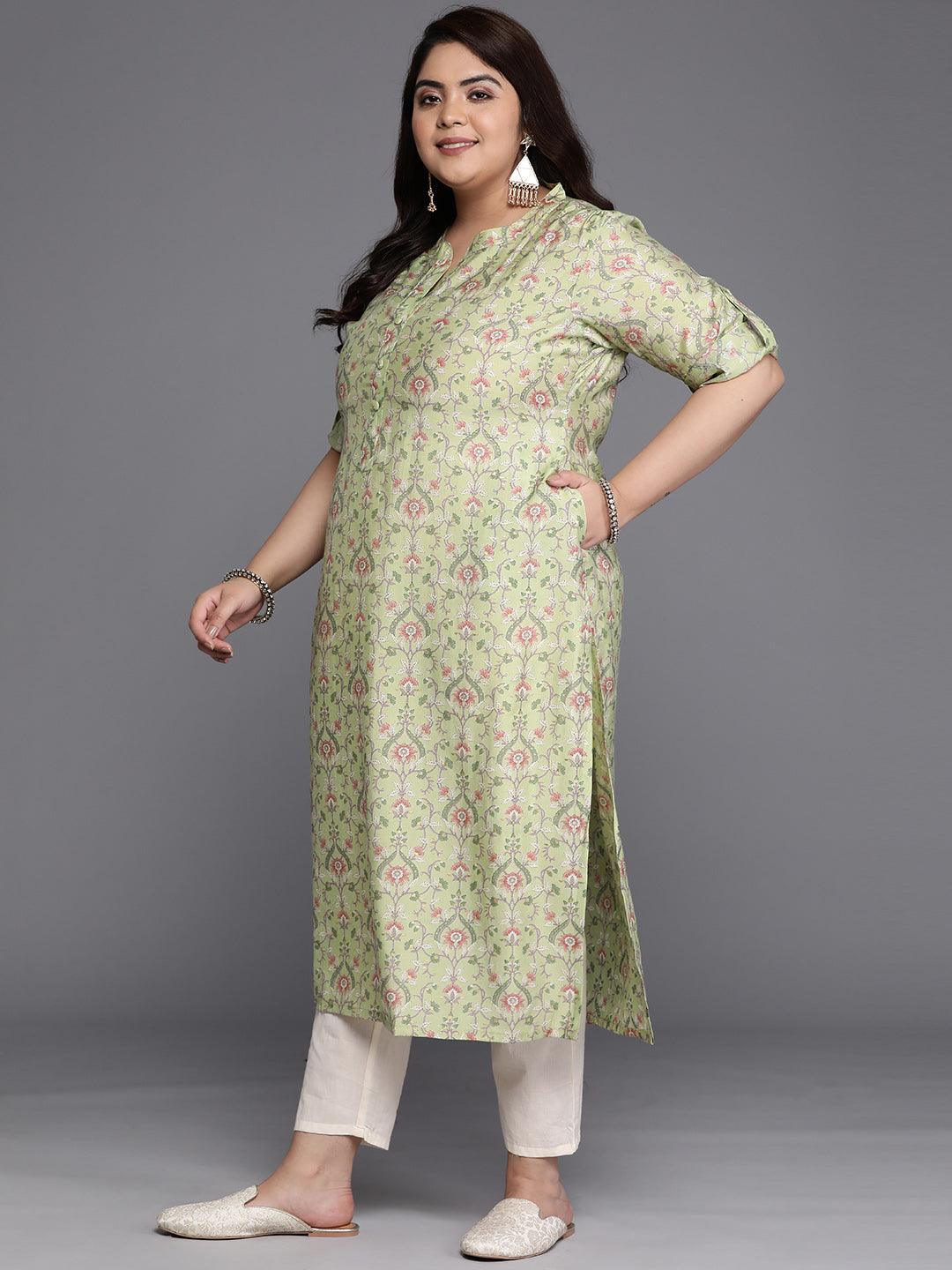 Plus Size Green Printed Silk Straight Kurta - Libas 