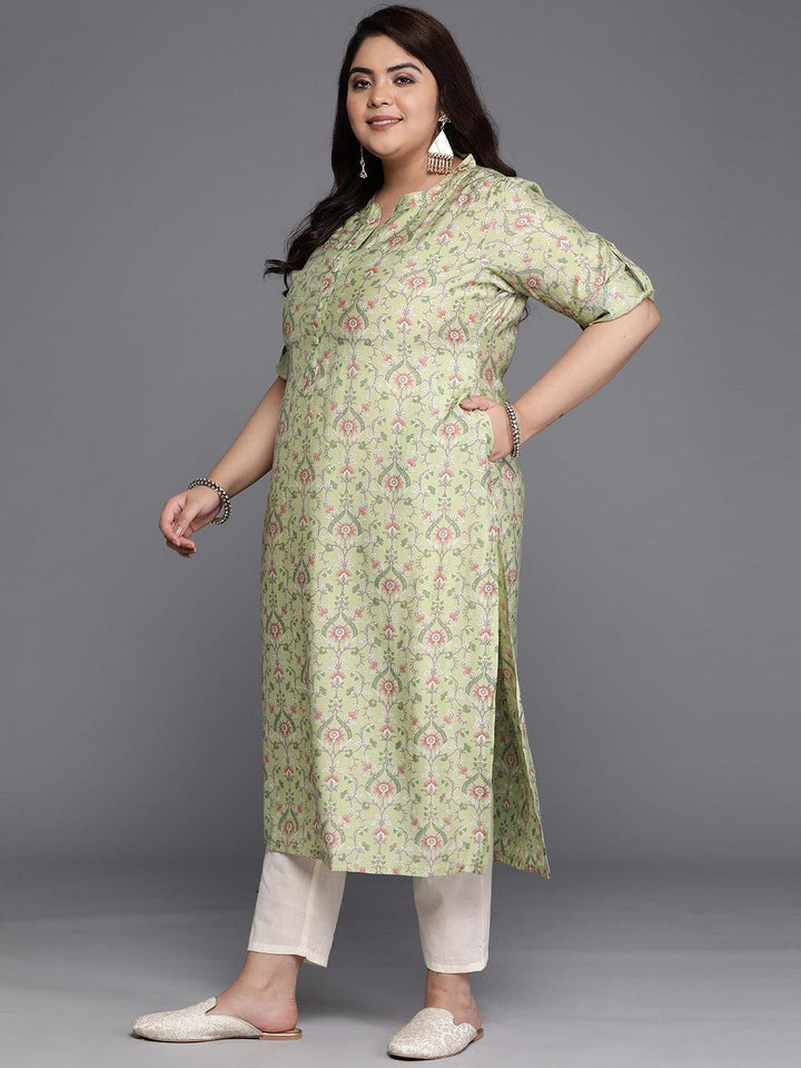 Plus Size Green Printed Silk Straight Kurta