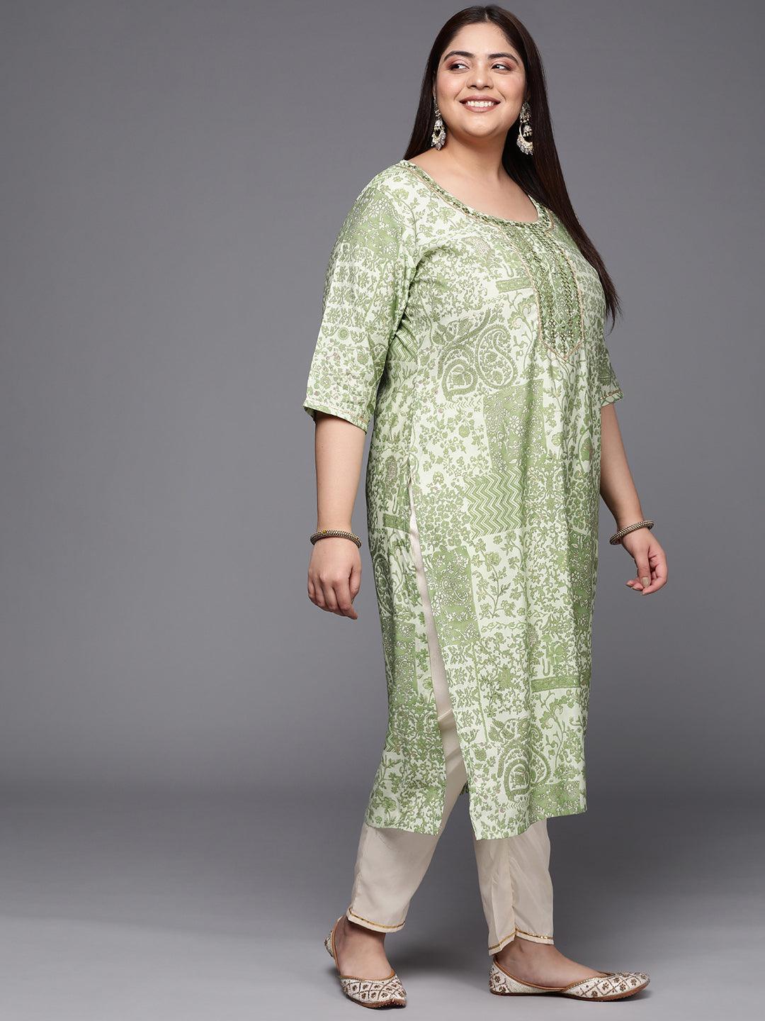 Plus Size Green Printed Silk Straight Kurta - ShopLibas 