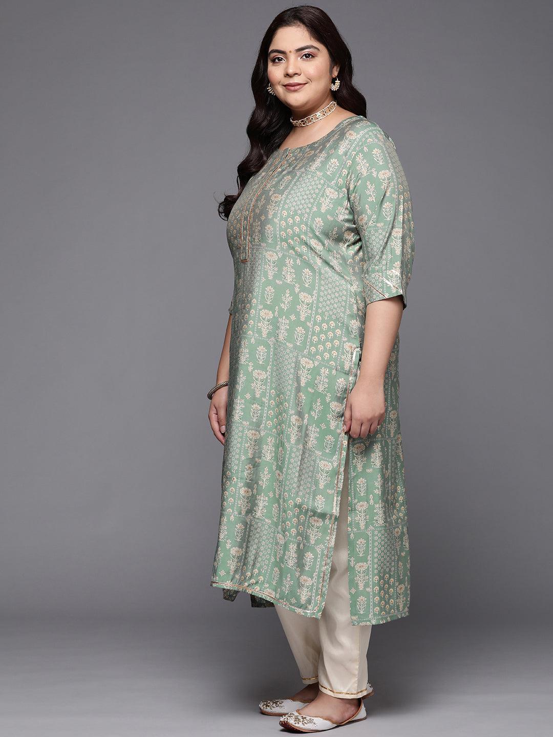 Plus Size Green Printed Silk Straight Kurta - ShopLibas 