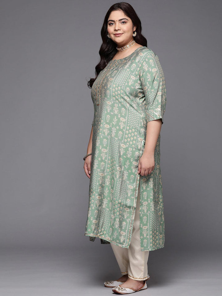 Plus Size Green Printed Silk Straight Kurta