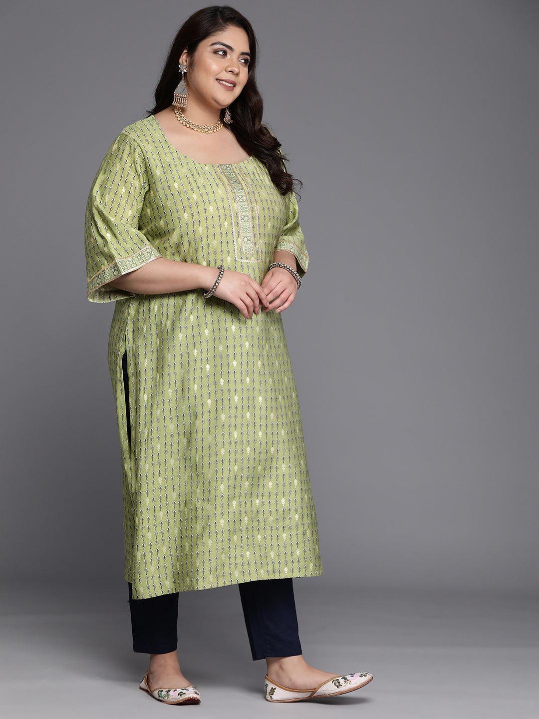 Plus Size Green Printed Silk Straight Kurta - Libas 