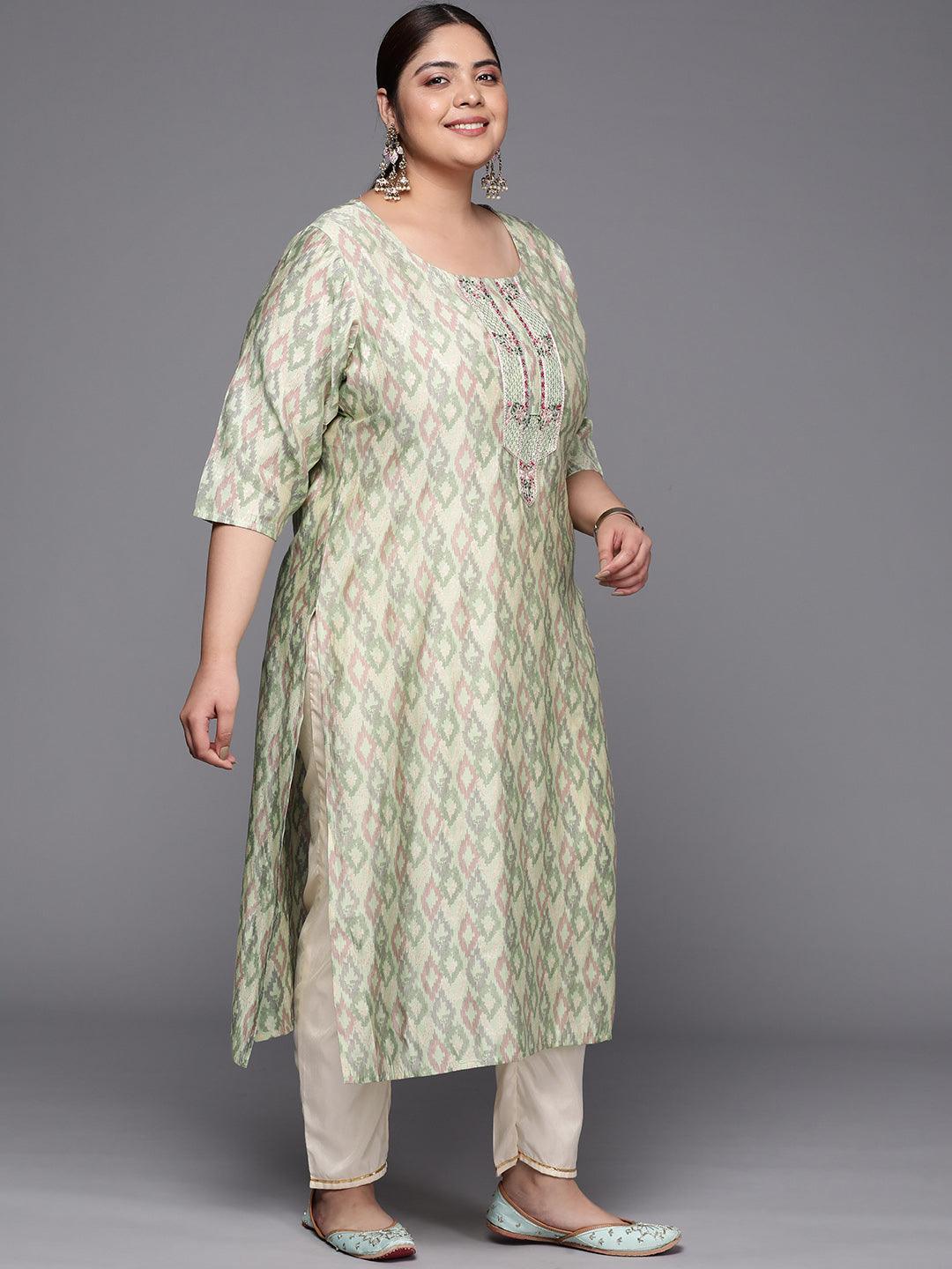 Plus Size Green Printed Silk Straight Kurta - ShopLibas 