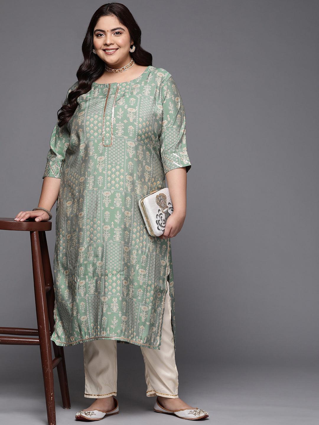 Plus Size Green Printed Silk Straight Kurta - ShopLibas 